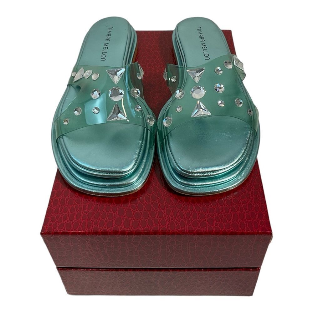 Tamara Mellon Women’s Sandals Sparkle Green Rhinestones Size 38.5 Italy